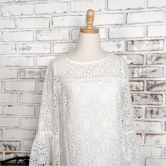 J. Crew White Embroidered Eyelet Lace Bell Sleeves Shift Mini Midi Dress 2 - Picture 3 of 8